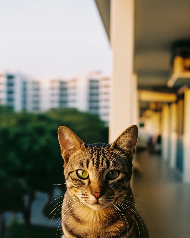 Illustration of a tabby cat in a Singapore neighbourhood