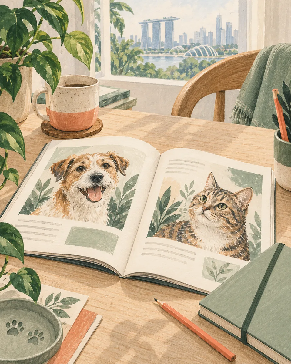 Illustration of a magazine featuring a dog and cat on a sunlit writing desk in Singapore.